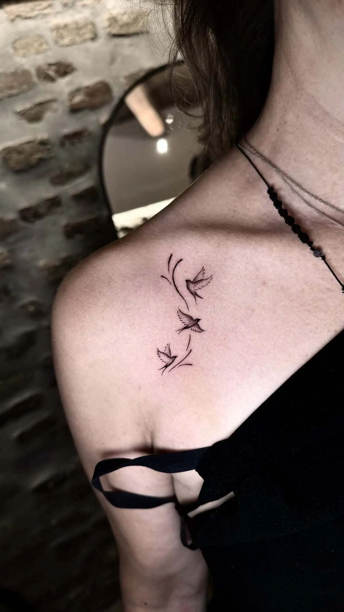 flying birds fine line shoulder tattoo