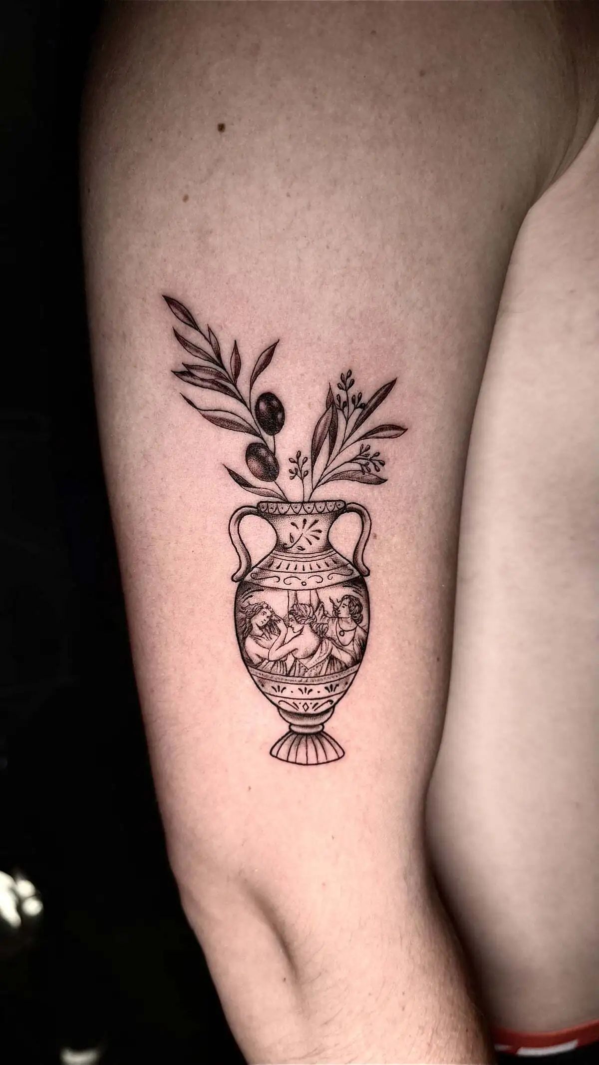 ancient greek amphora olive branches micro realism arm tattoo