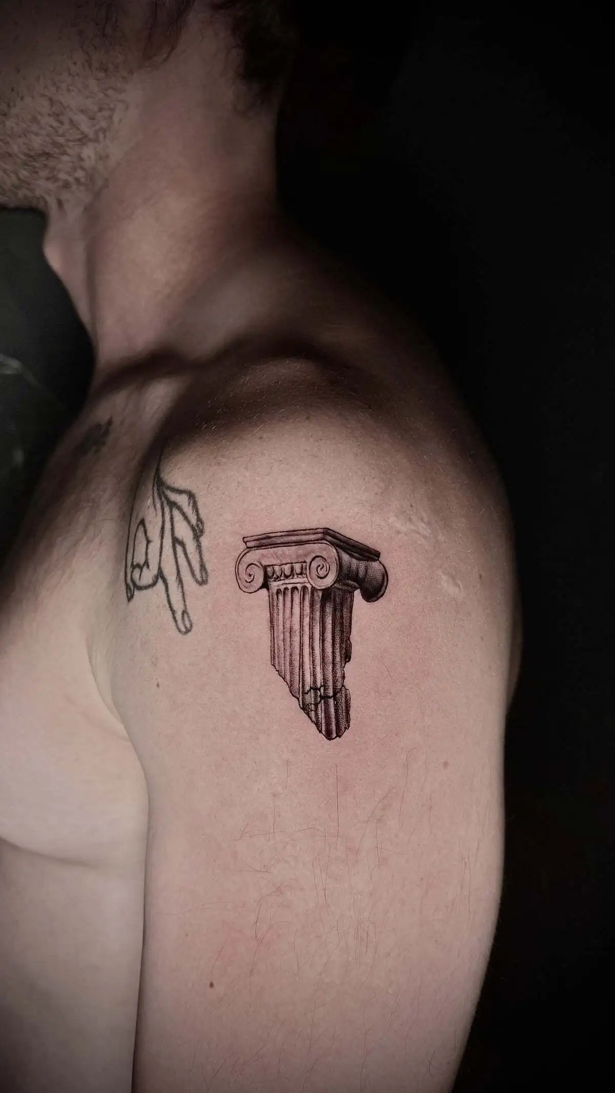 broken ionic column micro realism shoulder tattoo