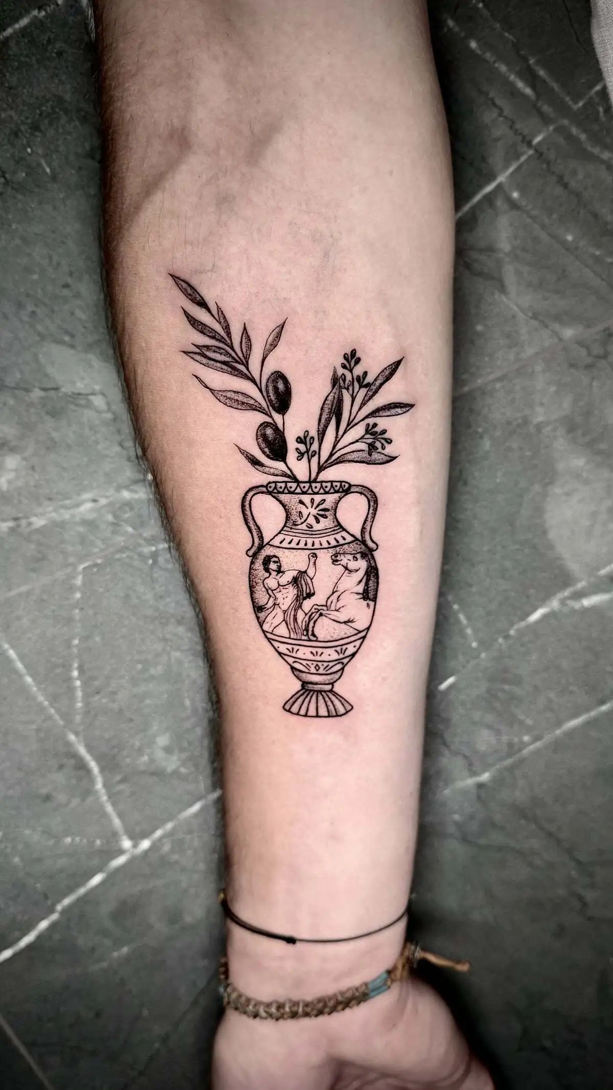 ancient greek amphora mythological scene micro realism forearm tattoo