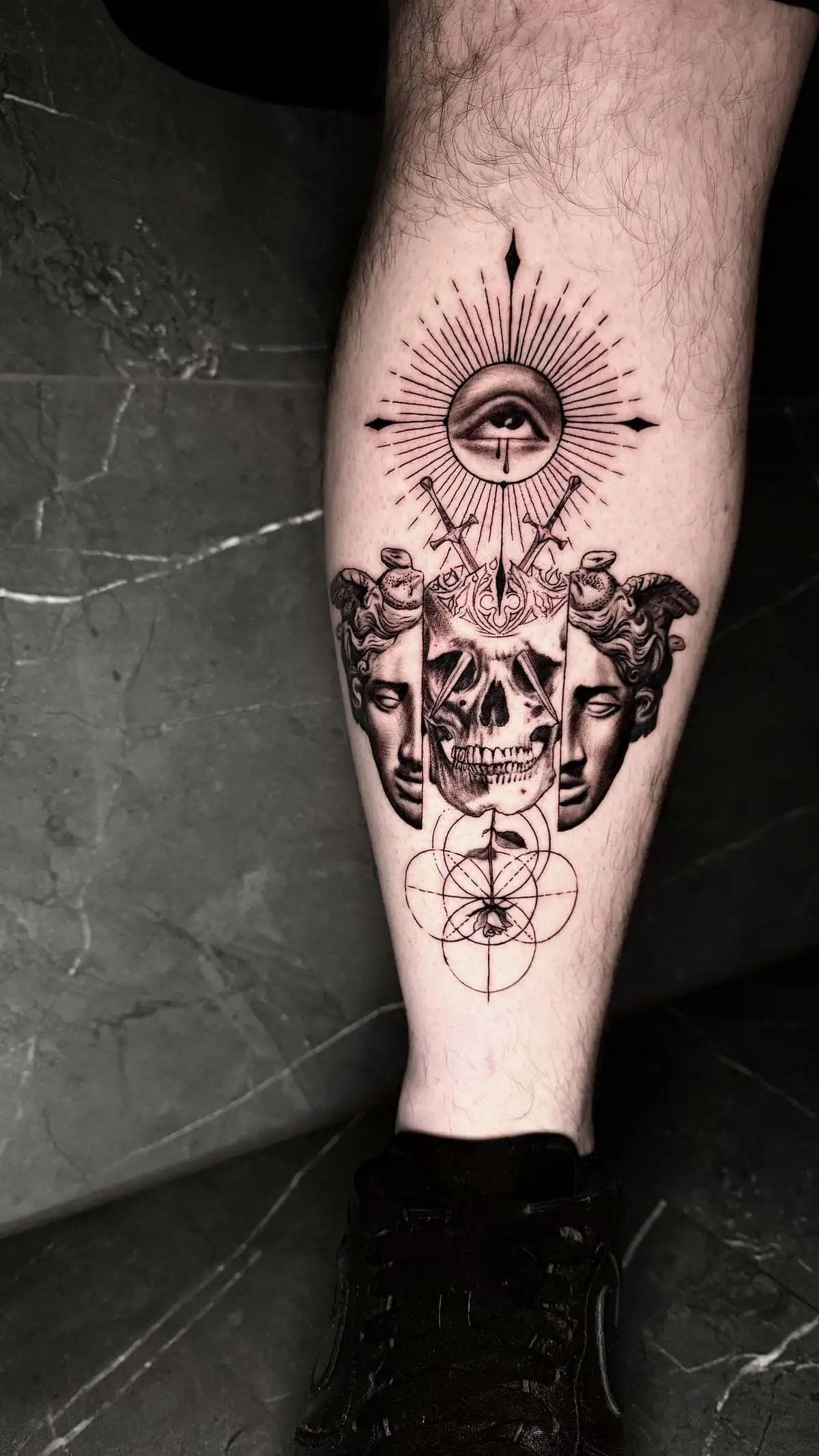 all seeing eye skull greek statues micro realism calf tattoo