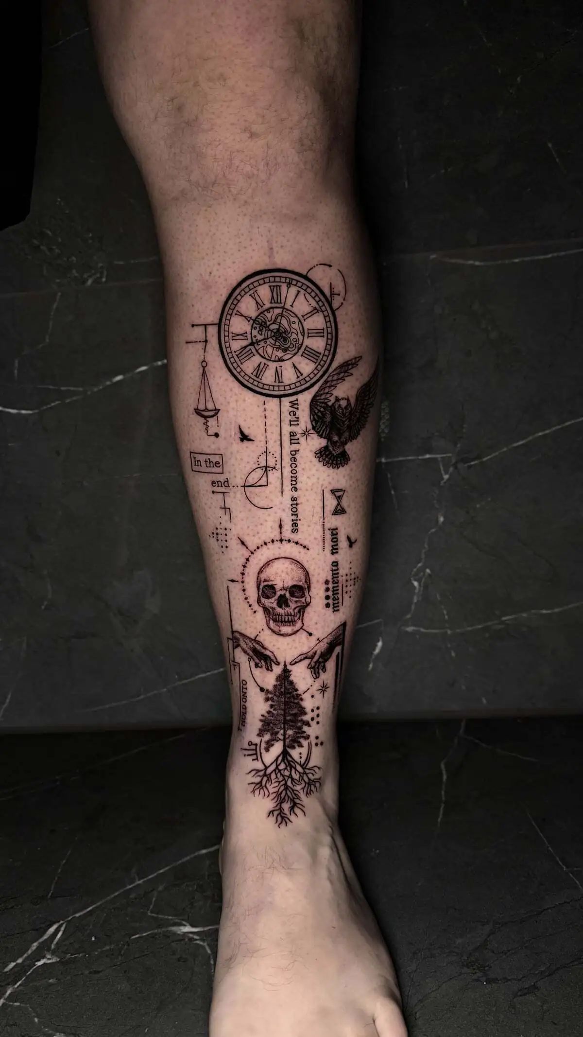 patchwork symbolic sleeve clock skull eagle micro realism leg tattoo