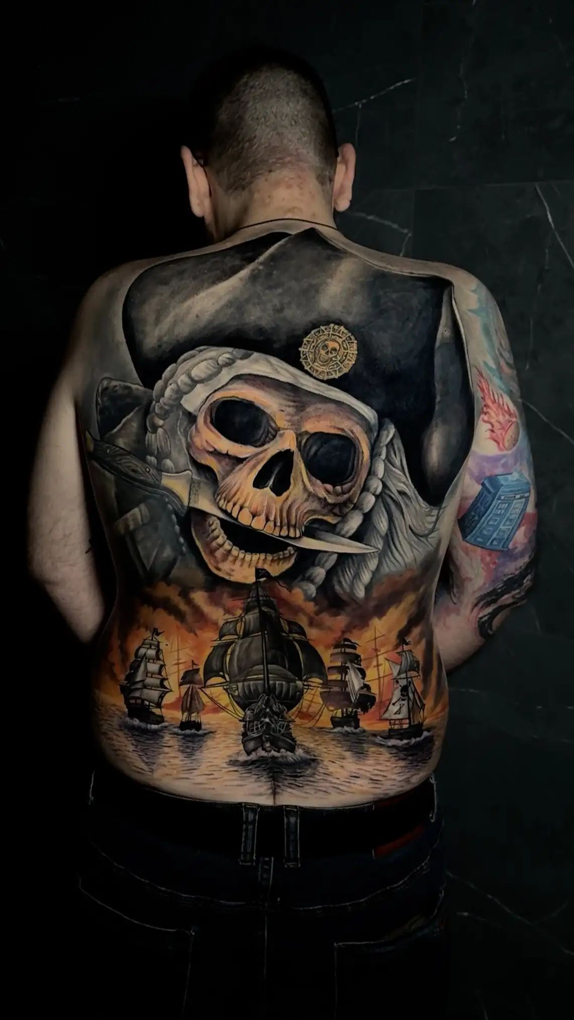 pirate skull ships full back realistic color tattoo