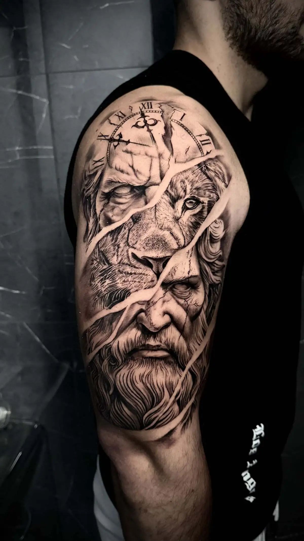 broken clock lion statue realistic sleeve tattoo
