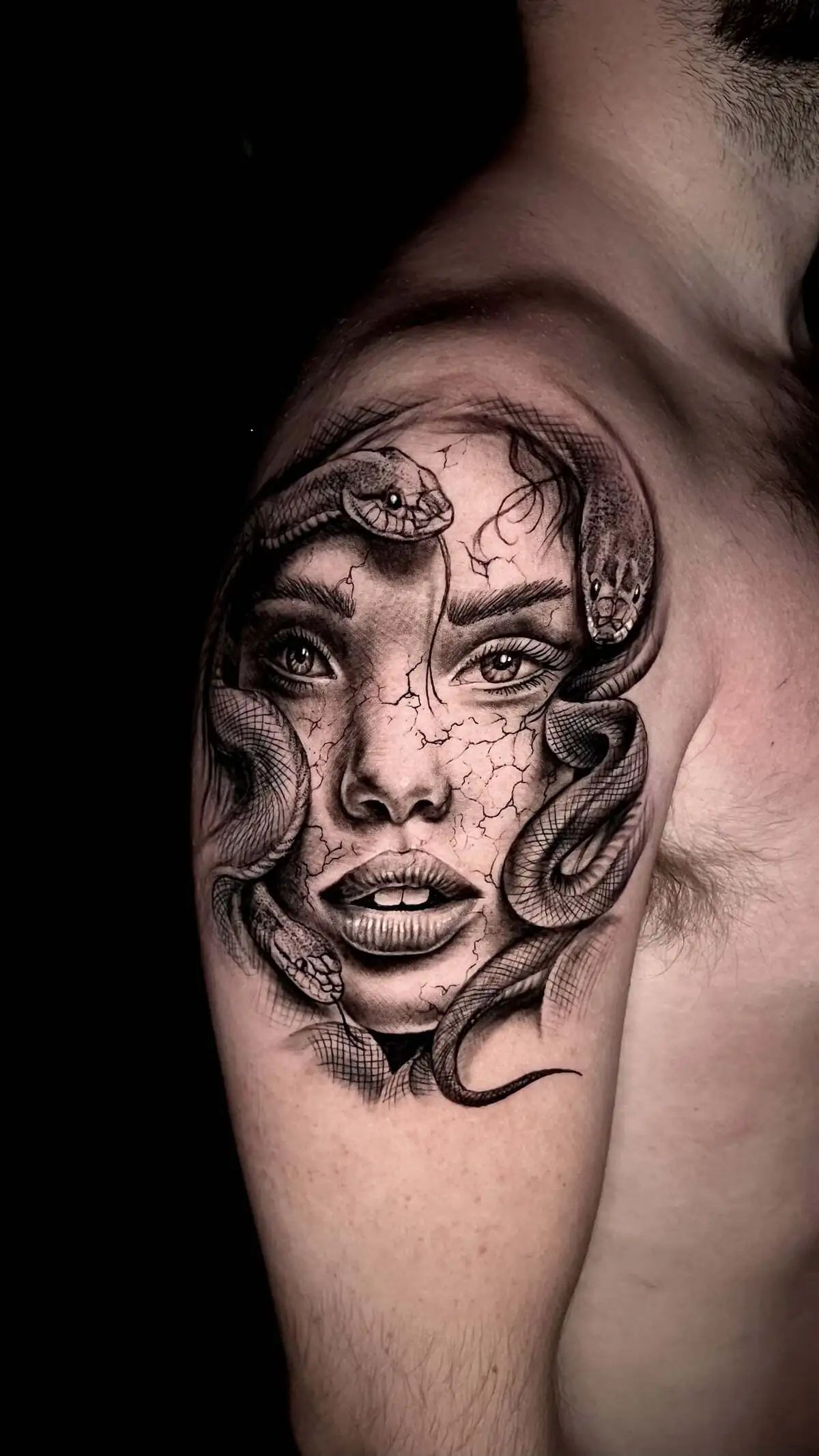 medusa portrait realistic shoulder tattoo