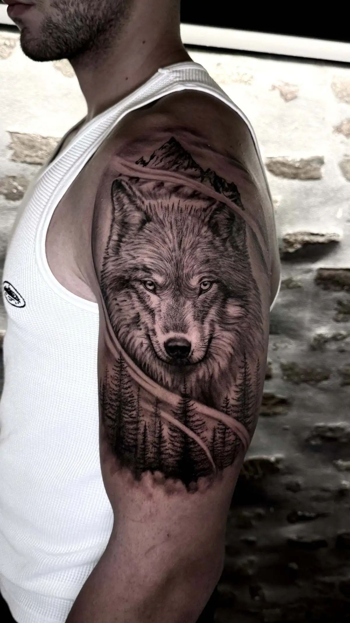 wolf portrait forest realistic shoulder tattoo