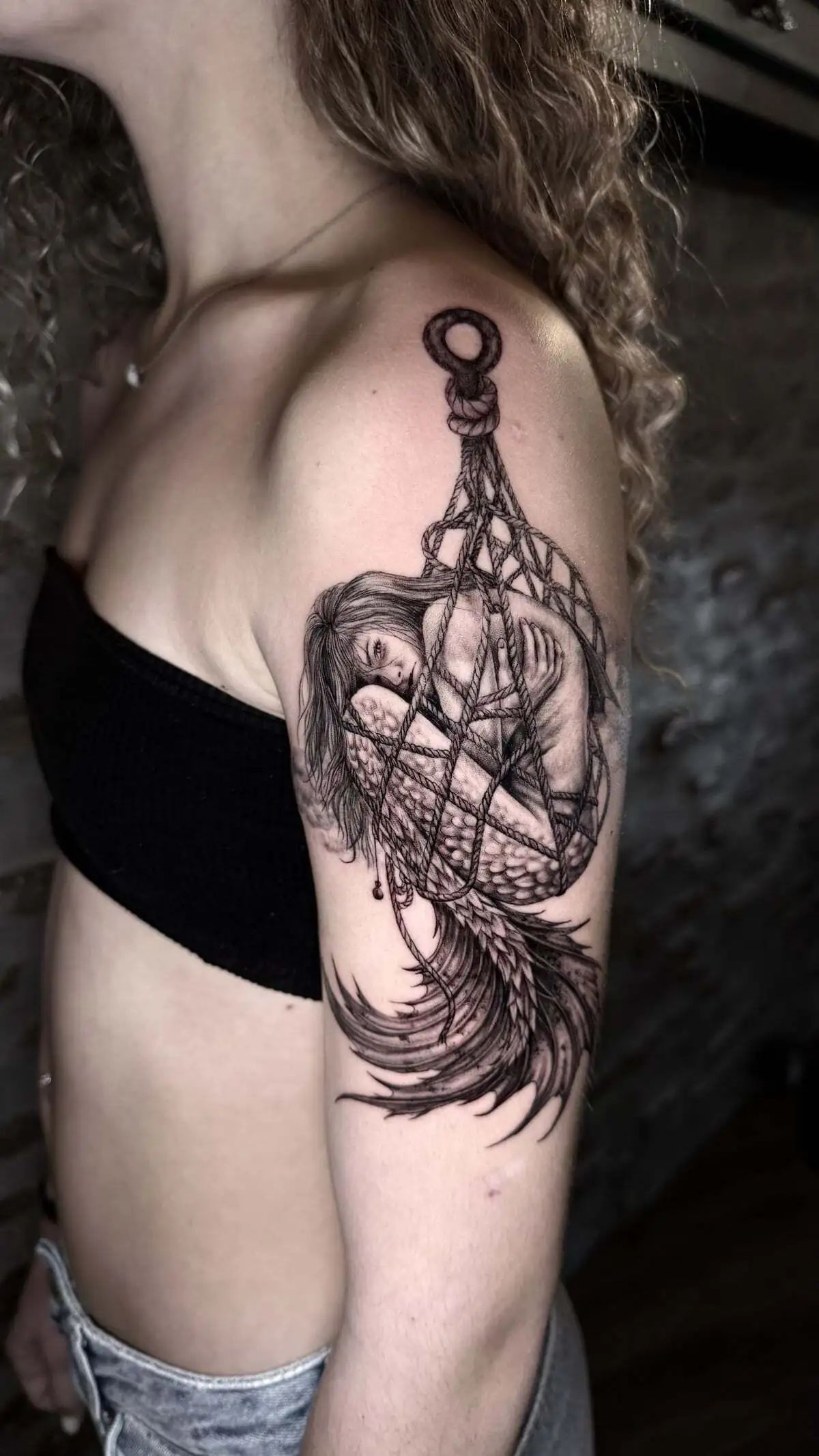 mermaid rope realistic upper arm tattoo