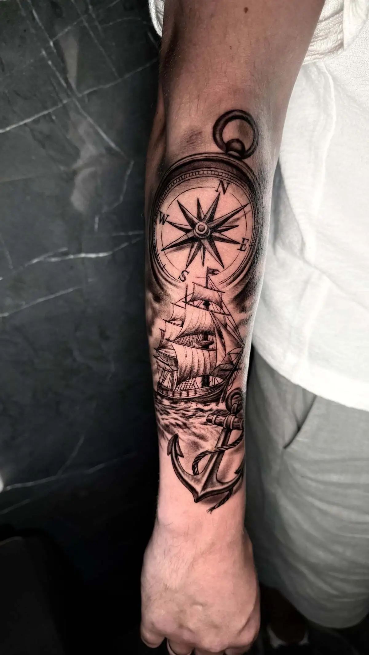 pocket compass sailing ship anchor realistic forearm tattoo