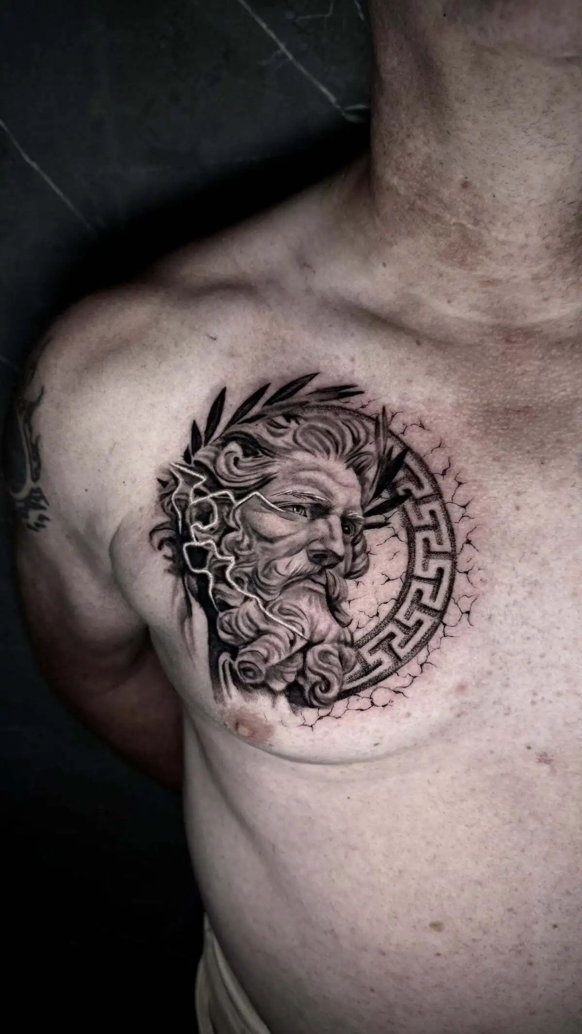 zeus greek god portrait chest realistic tattoo