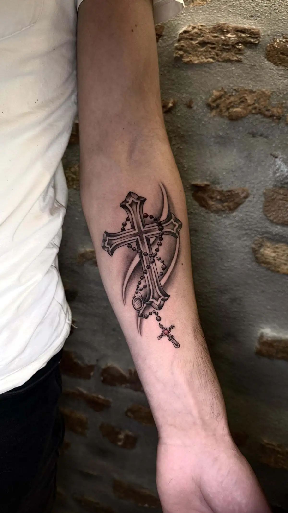 rosary cross realistic forearm tattoo
