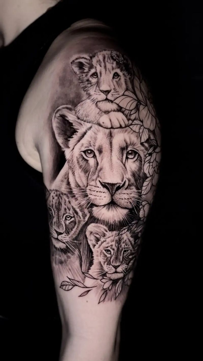 lion family realistic shoulder tattoo