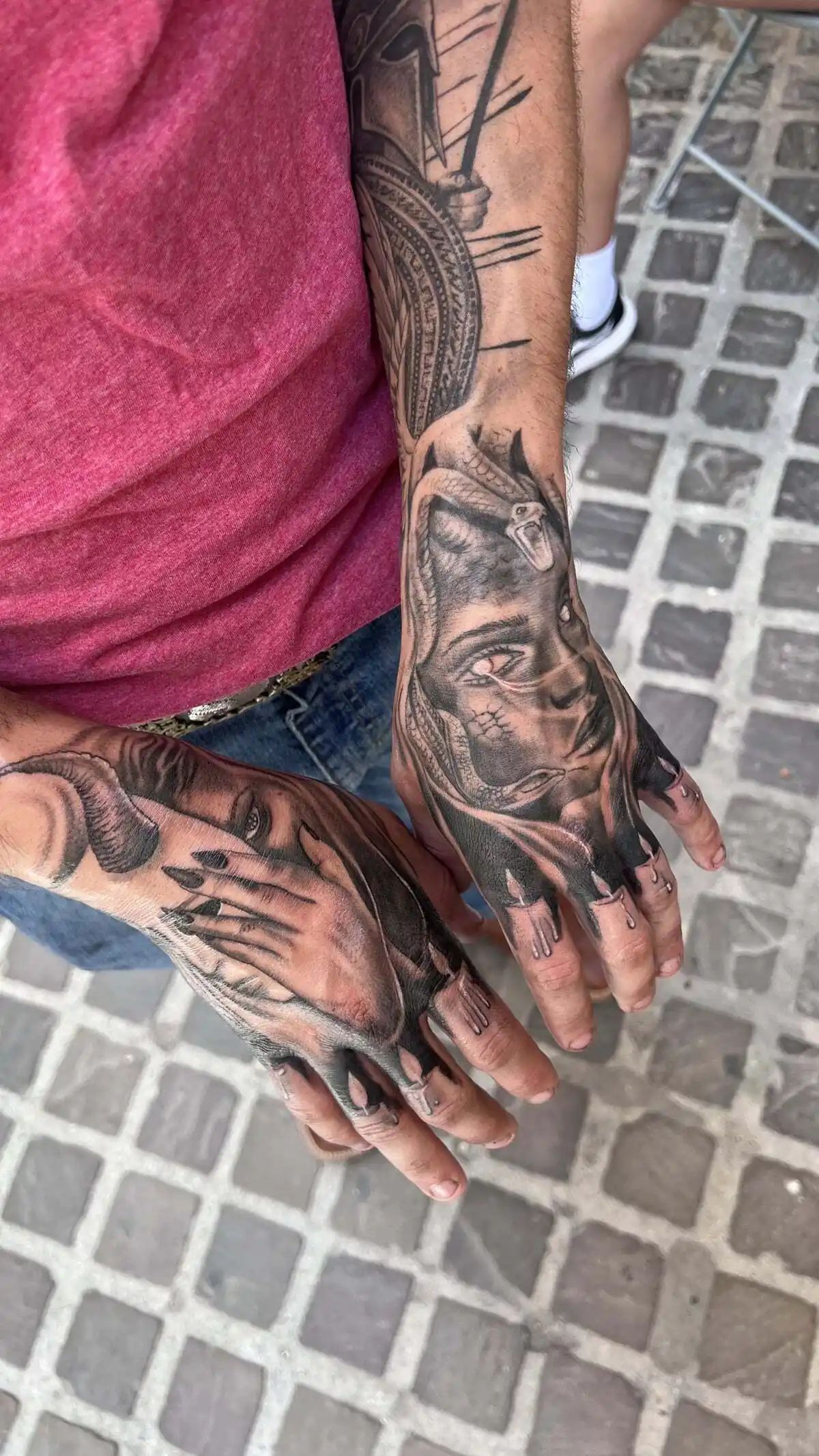 medusa hand blackwork style tattoos
