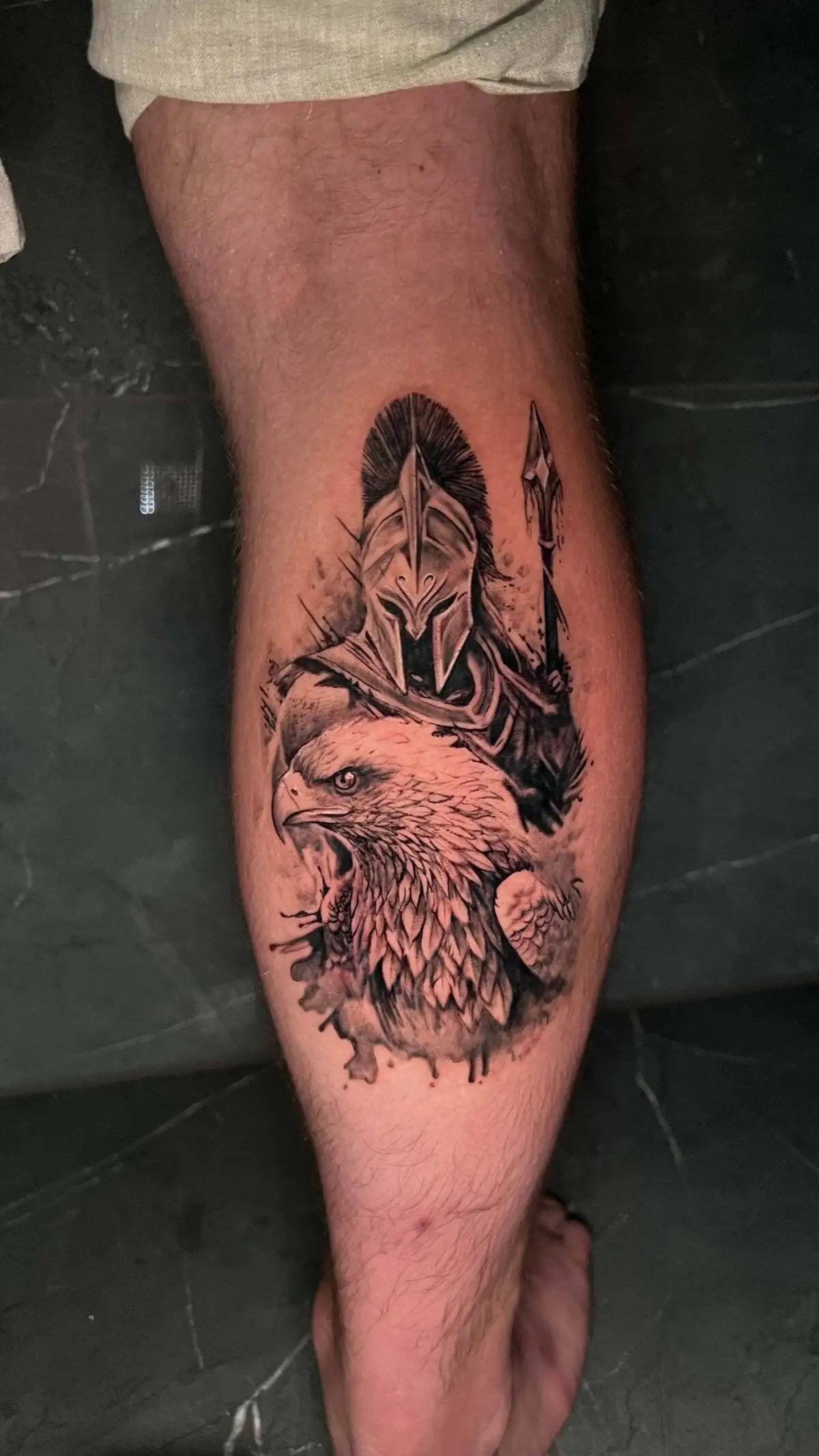 spartan helmet eagle warrior calf tattoo