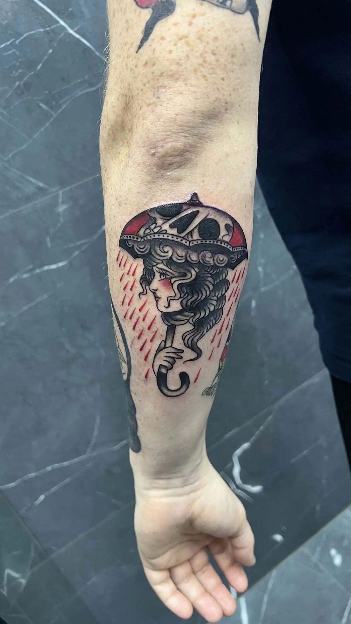 woman umbrella rain traditional tattoo